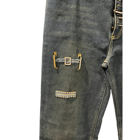 Ane' V Y2k Vintage Rhinestone Safety Pin Denim Blue Jeans Size 10 Bling Distress - Picture 3 of 9